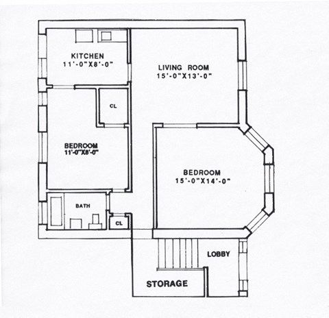 Floor plan for 2 beds, 1 bath, 900 sqft